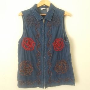 Vintage Denim Zip-Up Vest with Floral Applique